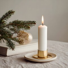 
A Peaceful Holiday Moment: A Minimalist Christmas Still Life with a Candle