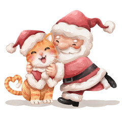 Watercolor cartoon illustration of santa claus embrace cat in christmas costume on transparency background .