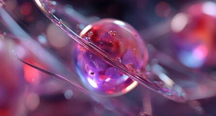 Blue science and tech 3d background with glass holographic transparent circle lines. Iridescent abstract structure of atom with purple red gradient for physics and chemistry design. 3D illustration