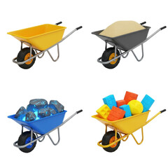 Four wheelbarrows, each filled with different materials: empty, sand, glowing rocks, and colorful blocks, on a white background.