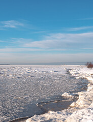 Frozen Sea Shore with Snow and Dry Grass in Winter