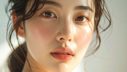 日本人, 超リアル, 若い美しい女性, 顔アップ, 滑らかな肌, ツヤのある肌質, ナチュラルメイク, 柔らかな光, 美容広告風, シネマティック, カメラ目線, 高画質, Japanese, ultra-realistic, young beautiful woman, face close-up, smooth skin, radiant complexion, natural makeup
