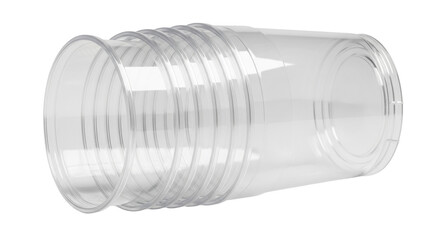 Isolated clear empty disposable plastic cups, horizontal studio close-up beverage containers