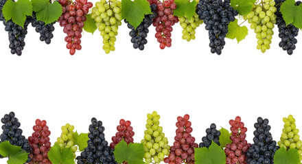 Isolated colorful grapes, red, green, purple berries and foliage, fresh seasonal fruit food