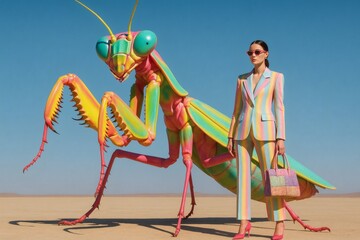 Giant Rainbow Praying Mantis and Woman in Matching Suit, Surreal Animal in Desert
