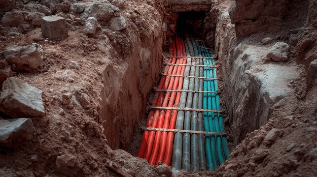 Underground Conduit Trench - Colorful Pipes Laid for Infrastructure, Perspective View.