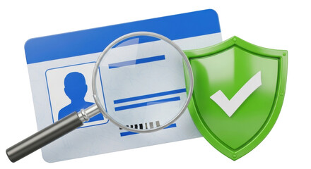 Isolated identification card security validation with magnifying glass and shield icon