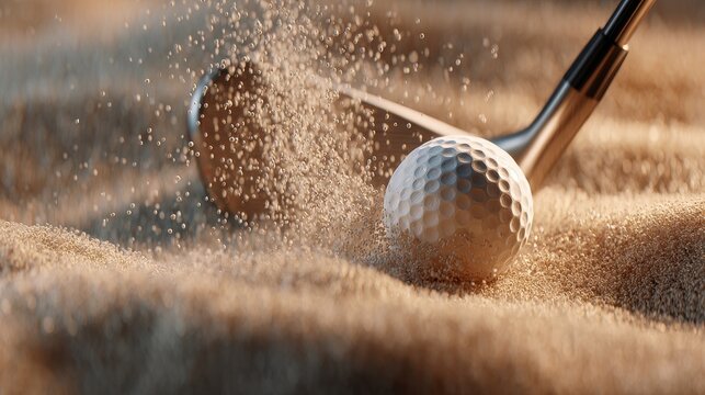 Golden Sand Explosion - Dynamic Close-Up of a Golf Bunker Shot at Impact.