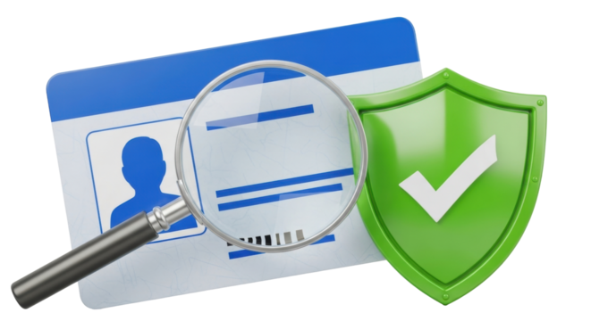 Isolated identification card security validation with magnifying glass and shield icon
