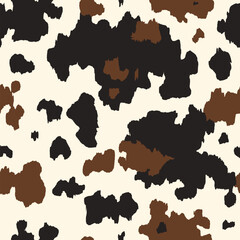 Cow seamless pattern. Vector animal skin print, cute black and brown spots on beige background. Natural spotted texture for textile, fabric, dairy farm decor, wrapping paper, wallpaper, backdrop.