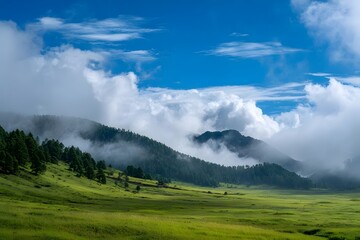 Lush green meadow, towering mountains, clouds, blue sky.
