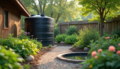 Naklejka premium Backyard rainwater harvesting system collects water in large black tank. Rich green garden with flowers and trees surrounds the tank. A small pond reflects the trees and sky.