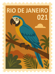Rio de Janeiro postage stamp featuring Blue macaw bird and tropical trees and plants vector illustration on transparent background