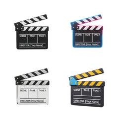 Four different colored movie clapperboards, each with scene, take, and director fields, isolated on a white background.