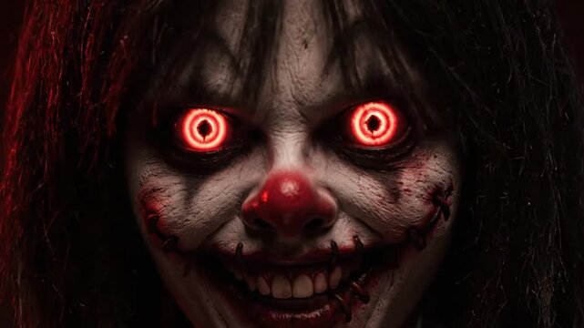 Close-up of a terrifying clown with glowing red eyes, showcasing a sinister expression.