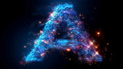 Glowing polygonal letter A on dark background with sparks