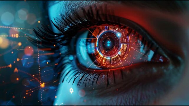 Cyber Vision: Intricate digital patterns and vibrant glowing elements converge within the human eye, representing a glimpse into a futuristic vision.