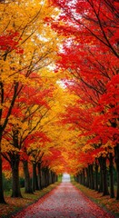 Fototapeta premium Autumn tree alley with vibrant red and orange leaves lining a path. Beautiful fall nature scene for background or seasonal design element.