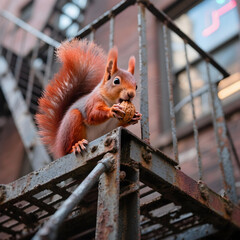Squirrel's City Feast: Capturing a charming squirrel, its bushy tail aloft, contentedly nibbling on a nut, set against a backdrop of urban metal stairs. A study of simple pleasures.