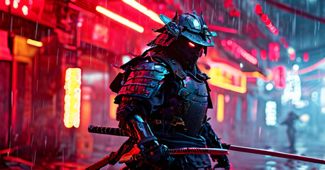 There is a samurai standing in the rain with sword cartoonish composition layers design depth colorful frame figure motion gesture style elements movement expression creative backgrounds