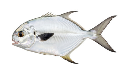 Isolated Pompano fish is a silver saltwater fish with a deeply forked tail, a popular seafood