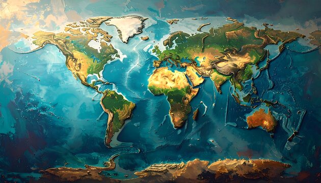 Detailed 3D world map, vibrant colors