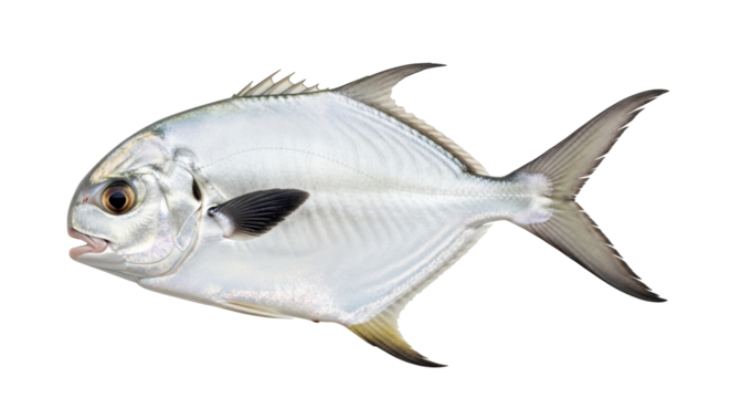 Isolated Pompano fish is a silver saltwater fish with a deeply forked tail, a popular seafood
