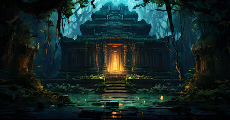 Painting of a temple in the middle jungle at night frame composition gesture illustration backgrounds emotion layers cartoonish expression design style colorful figure scene movement © adobe