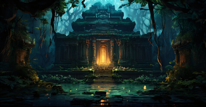 Painting of a temple in the middle jungle at night frame composition gesture illustration backgrounds emotion layers cartoonish expression design style colorful figure scene movement