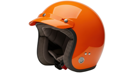 Isolated open face motorcycle helmet, orange color with sun visor, head protection item