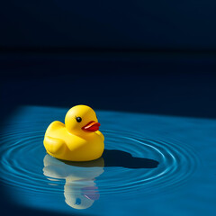Serene Duckling's Dream: A close-up of a cheerful, yellow rubber duck floating serenely in rippling blue water, casting a playful shadow, evoking a sense of calm and simple joy.