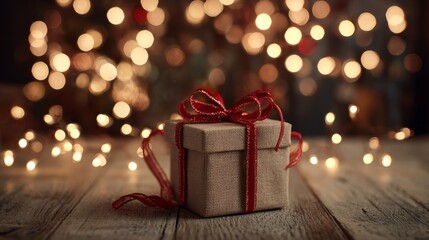 Rustic gift box with red ribbon on wooden table amidst warm holiday lights
