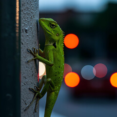 Urban Lizard: A vibrant green lizard clings to a metallic structure, its gaze fixed forward, with the blurred lights of the city creating a captivating backdrop.