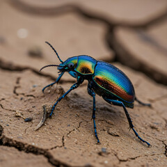 Shiny Beetle's Stroll: A macro shot reveals the exquisite iridescent shell of a jewel beetle, captured mid-stride across cracked, earthy ground.