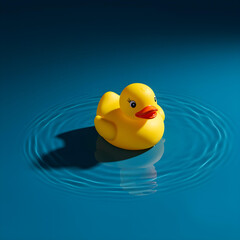Joyful Rubber Duck: A cheerful, sunny yellow rubber duck, floating serenely in a pool of glistening, sapphire-blue water, creating a serene and playful atmosphere.