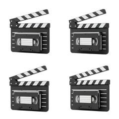 Four clapperboards with video cassettes inside, arranged in a grid pattern on a white background.