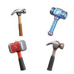 Four different hammers are displayed against a white background, each with a unique design and color scheme.