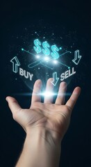 Hand reaching up interacting with glowing buy and sell symbols in a futuristic trading concept with bright lights and arrows.