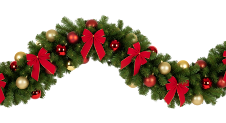 Festive christmas garland gracefully curving, adorned with vibrant red bows and shimmering gold and red ornaments, isolated on transparent background, creating a joyful and elegant holiday decoration,