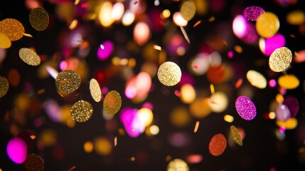 Colorful glittering confetti particles floating in dark background