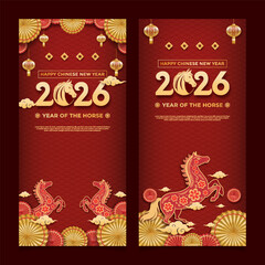 Set Vertical Chinese New Year Celebration With Gold Horse Motif, Red Lanterns, and Festive Decor