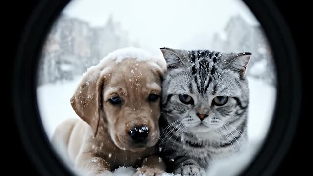 Wintertime Companions: A heartwarming scene of a playful puppy and a dignified kitten, nestled closely together against a snowy background. Captured through a unique lens