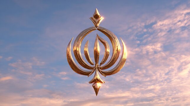 Golden khanda symbol in sky with soft clouds at sunset