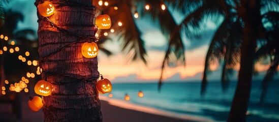 Pumpkin Halloween garlands on a palm tree at sunset on the beach.Glowing pumpkin Halloween garlands wrapped around a palm tree on a tropical beach at sunset. copy space
