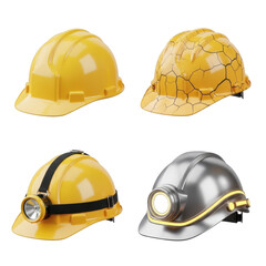 Four different hard hats are displayed, including cracked, standard, and miner's helmets with headlamps.