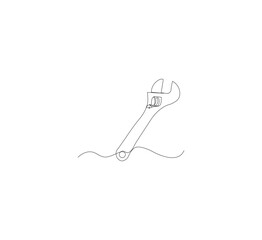 One continuous line drawing of a wrench tool. White background. Downloadable construction logo symbol. Wrench outline vector illustration. Editable stroke.