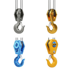 Four crane hooks in different colors and styles hanging from cables.