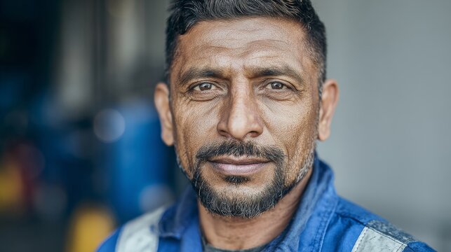 Hispanic male mechanic with confident expression in blue uniform - Powered by Adobe