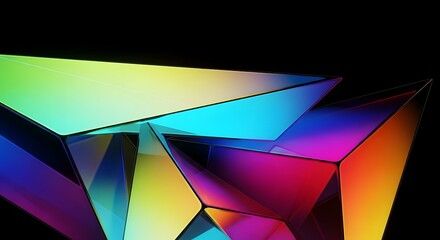 Interlocking Geometric Shapes with Vibrant Color Gradients Against Black. A High-Resolution Rendering of Reflective Facets and Bold, Modern Design.
