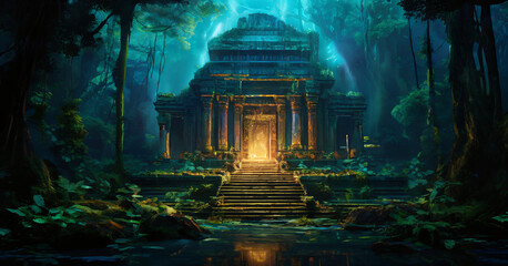 This is a painting of temple in the middle forest cartoonish illustration colorful depth composition motion emotion scene design gesture expression elements frame figure style creative
